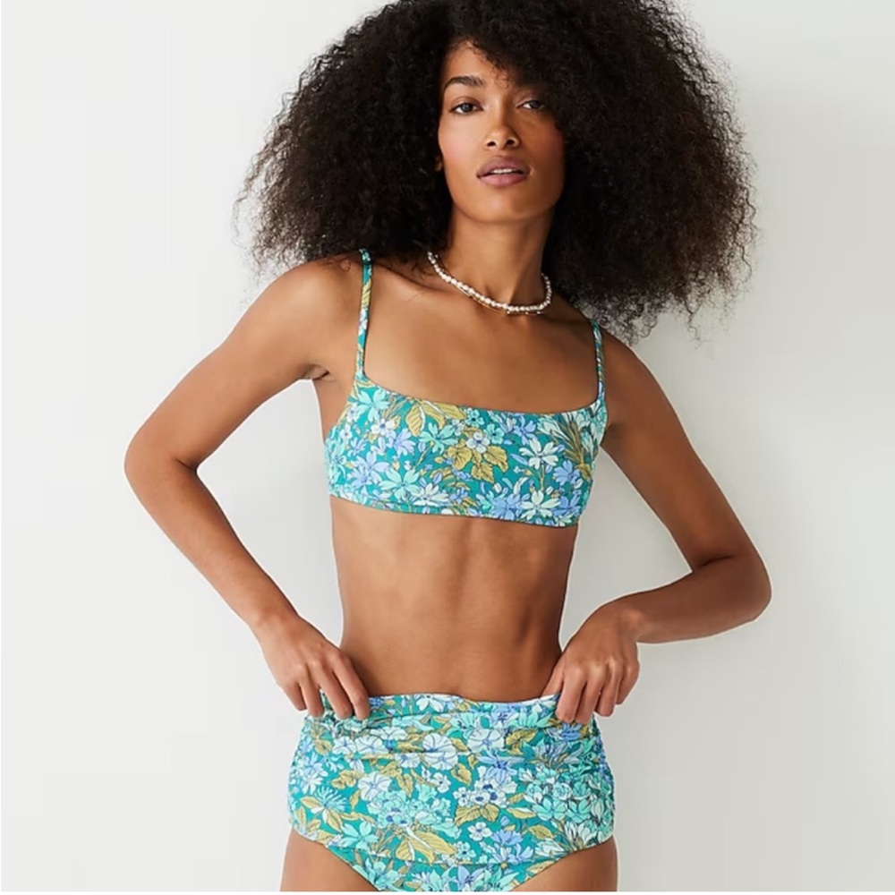 NWT J. Crew HIGH RISE, RUCHED BIKINI BOTTOM IN AUQA BLOOMS, M